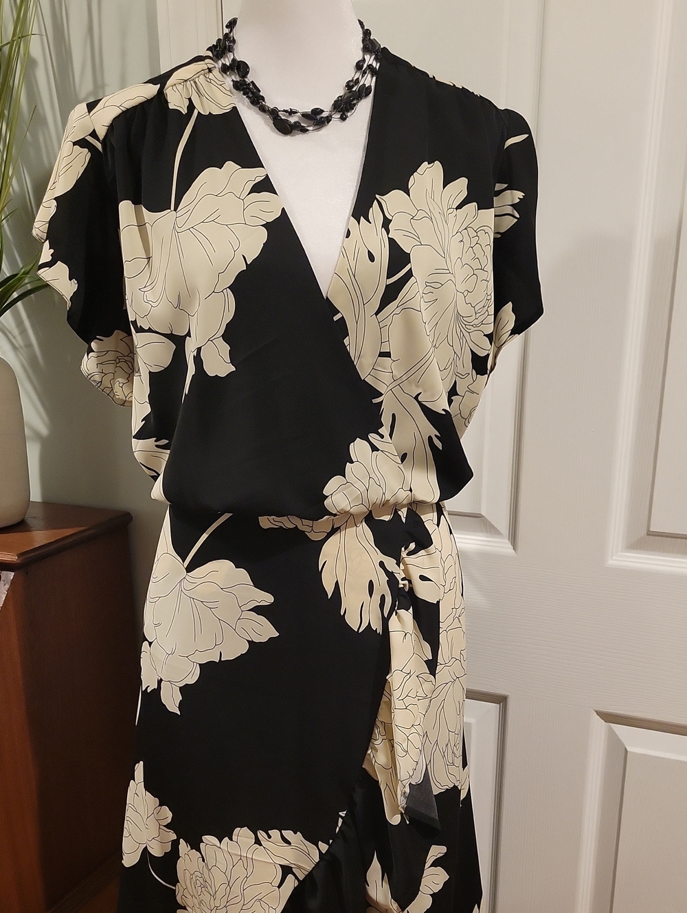 AX Paris Black & Cream Floral Faux Wrap Dress